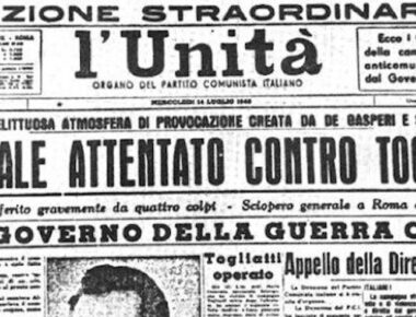 La prima pagina dell'Unit‡ che d‡ notizia dell'attentato contro il leader del Partito Comunista Italiano Palmiro Togliatti che nell'occasione rimase gravemente ferito. Avvenne il 14 luglio del 1948
ANSA