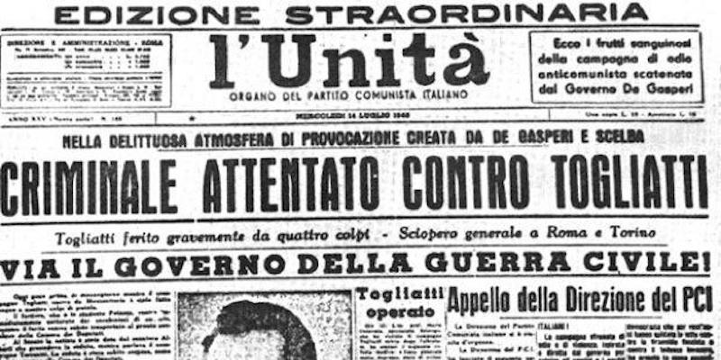 La prima pagina dell'Unit‡ che d‡ notizia dell'attentato contro il leader del Partito Comunista Italiano Palmiro Togliatti che nell'occasione rimase gravemente ferito. Avvenne il 14 luglio del 1948
ANSA